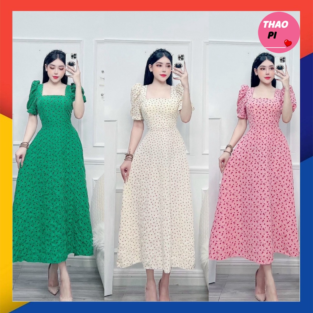 Đầm maxi dáng suông vintage tay phồng hoa nhí đi chơi đi tiệc siêu đẹp hình thật