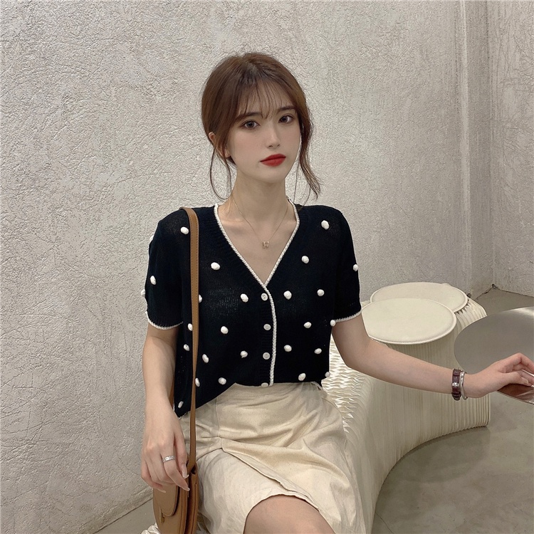 Áo cardigan ZHELIHANGFEI dệt kim tay ngắn cổ chữ V màu đen họa tiết chấm bi xinh xắn thời trang