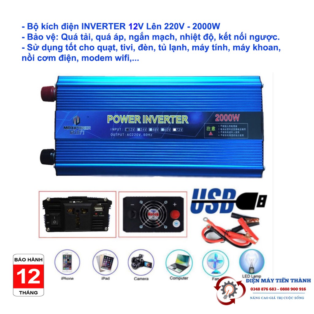 [Mã INCU10SEP giảm 15K đơn 50K] Bộ Kích Điện, Bộ Chuyển Đổi Nguồn điện INVERTER 2000W 12V Lên 220V