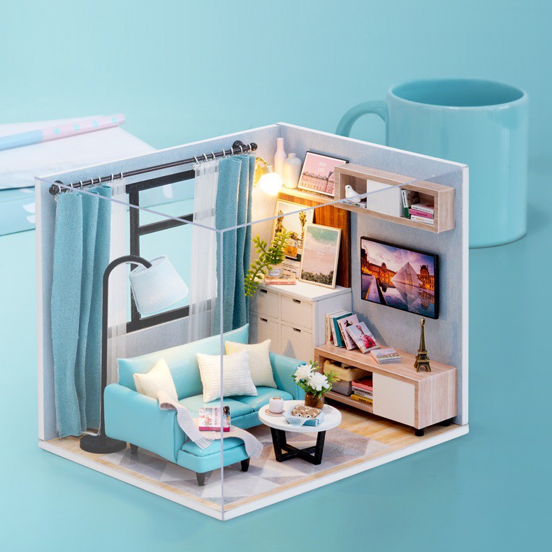 Mô hình nhà DIY Doll House Corner of Living Room Kèm MICA chống bụi, Bộ dụng cụ và Keo dán
