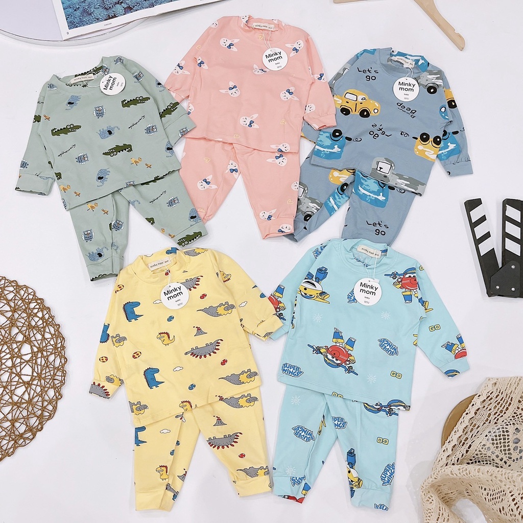 Đồ Bộ Dài Tay Bé Trai, Bé Gái Minky Mom Vải Cotton Hình Ô Tô, Khủng Long, Bộ Đồ Dài Tay Mặc Thu Đông Cho Bé AN.KID