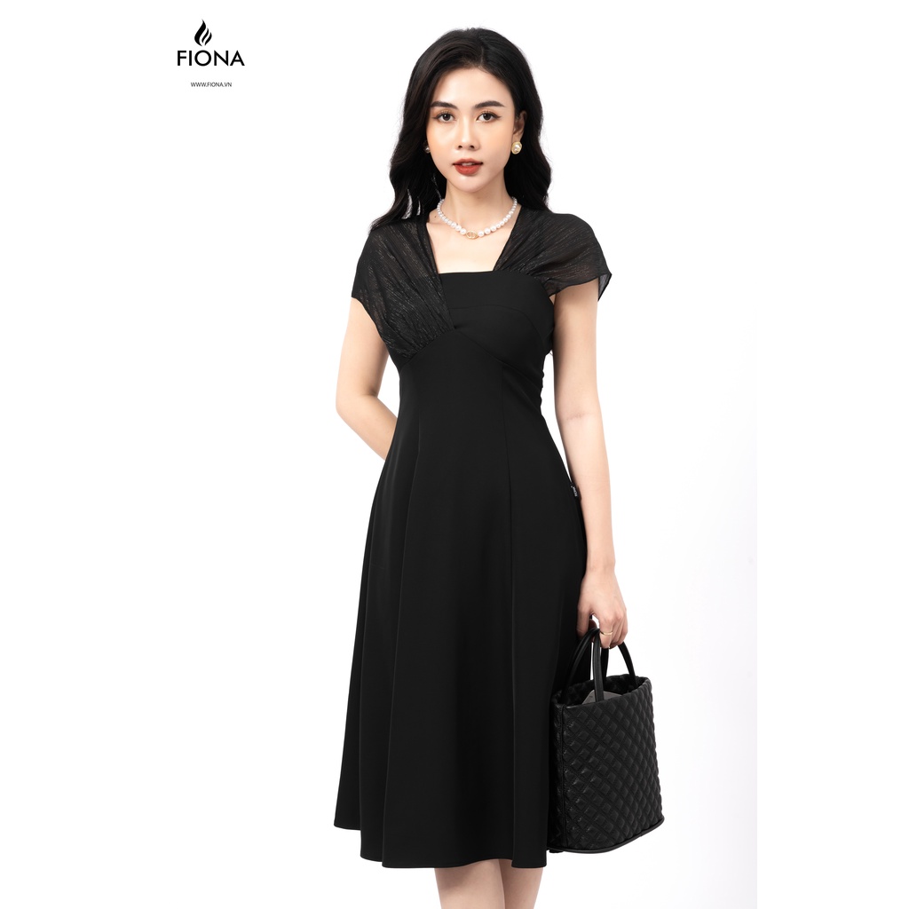 Đầm công sở nữ chất tuytsi dáng xòe phối voan tơ kim tuyến FIONA F451024