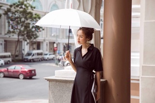 Đầm sơmi đắp chéo thắt nơ eo