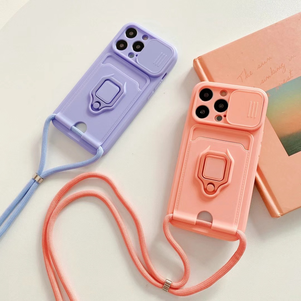 Ốp điện thoại ngăn đựng thẻ tấm trượt lens camera + dây đeo thích hợp cho iPhone 11 Pro Max 7 8 6s Plus X XS XR Max