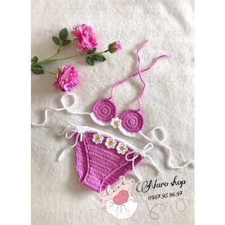 (HÀNG CÓ SẴN) BỘ BIKINI LEN MÓC HOA CÚC CHO BÉ