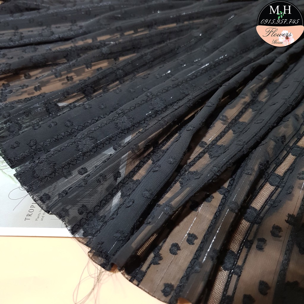 Vải voan đen hoa mai 3D dùng làm vải may đồ 100x150cm, Maihoaflower