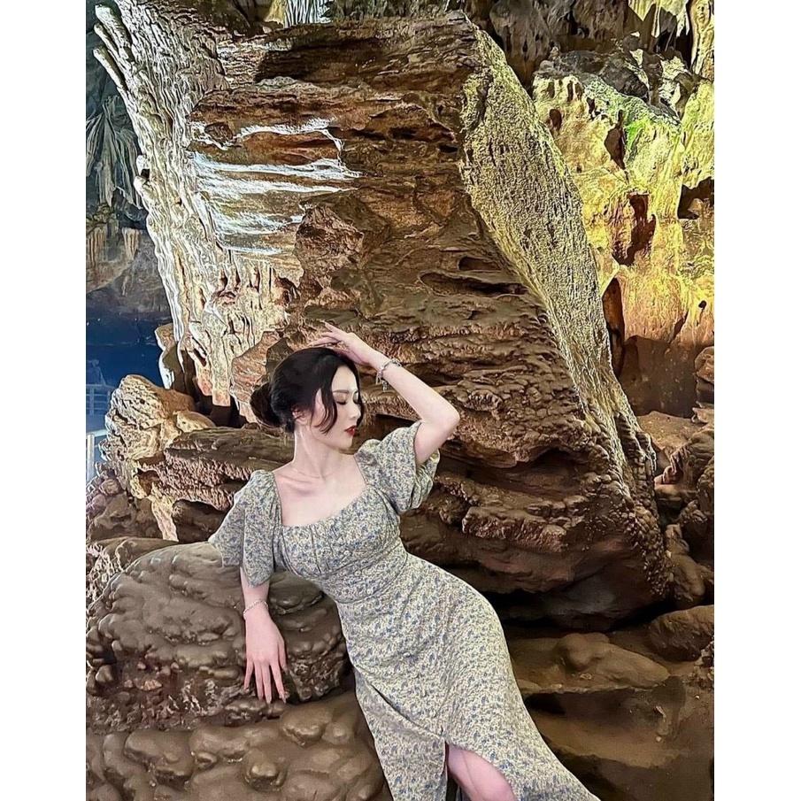 Đầm họa tiết tay phồng có mút ngực