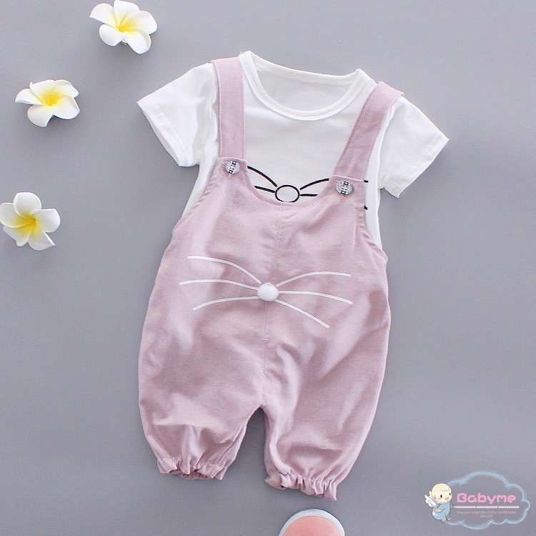 Bộ áo thun cotton họa tiết hoạt hình + quần yếm cho bé gái