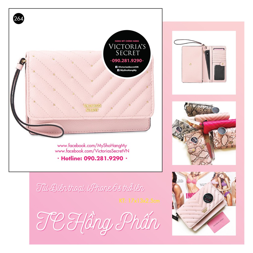(Túi, Ví 264) - Ví cầm tay hồng phấn đính hạt, nhiều ngăn nhỏ bên trong, KT: 17x13cm - hàng nhập Victoria's Secret USA