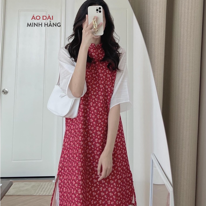 Áo dài cách tân nhung tăm hoa nhí 2022_ Áo Dài Minh Hằng