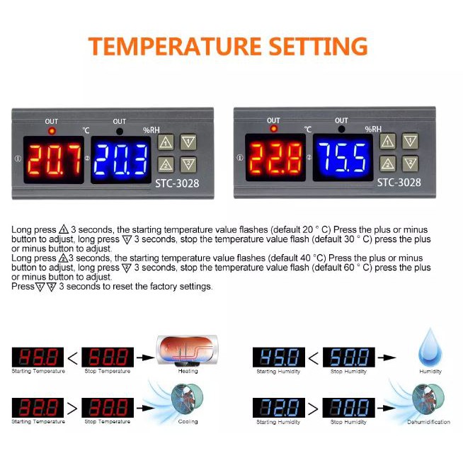 Bộ điều khiển nhiệt độ, độ ẩm STC-3028 220VAC 10A