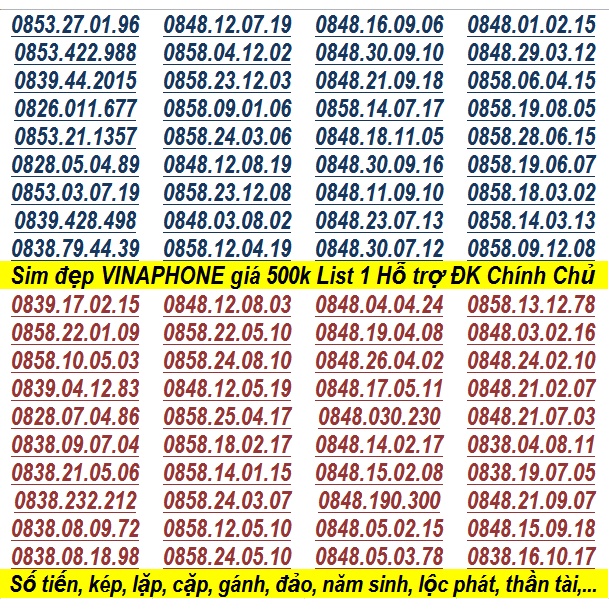 Số Đẹp VINA GIÁ RẺ 500K Dễ Nhớ File 1 Hỗ Trợ ĐĂNG KÝ CHÍNH CHỦ Miễn Phí Có nhiều khuyến mãi gói Của VinaPhone