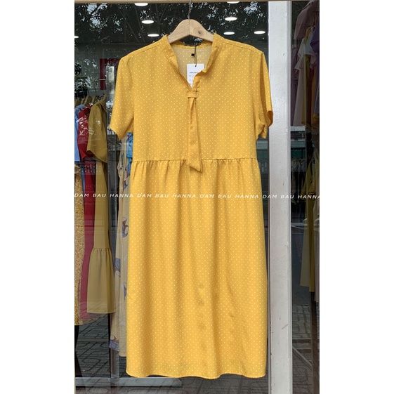 [HANNA] Đầm bầu công sở vải mát mùa hè không nhăn co dãn nhẹ thấm mồ hôi tốt free size 40-70kg dài tới gối có 2 túi bên