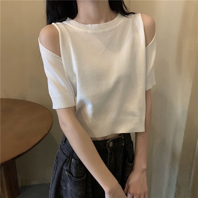 Áo thun dệt kim tay ngắn màu trắng thiết kế mới dành cho nữ 2021 | BigBuy360 - bigbuy360.vn