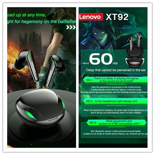 Lenovo XT92 TWS Gaming Earbuds Tai nghe Bluetooth có độ trễ thấp Tai nghe Bluetooth không dây 5.1 Tai nghe điều khiển
