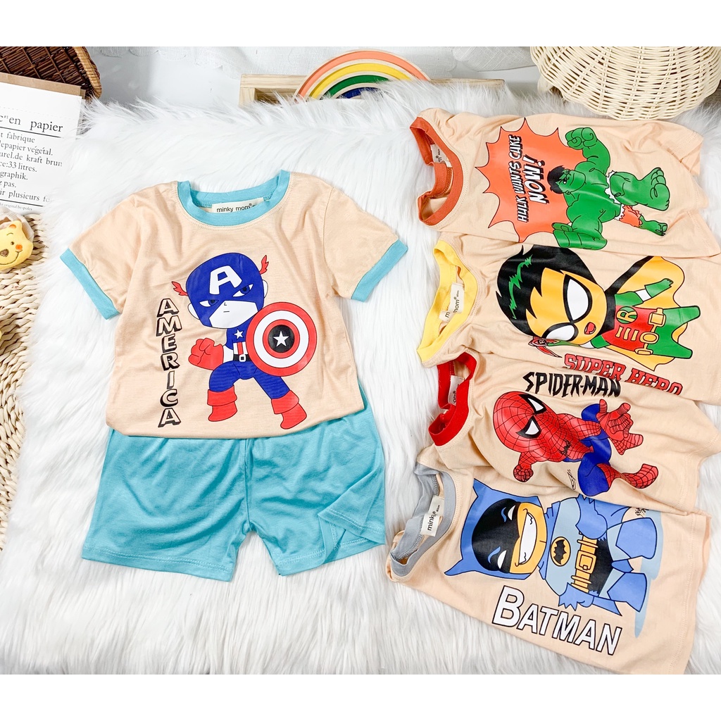 [SALE] Bộ Cộc Tay Cho Bé Trai, Bé Gái Minky Mom Vải Thun Lạnh Hoạ Tiết Mavel Viền Cổ, Đồ Bộ Cho Bé Mặc Nhà MKM2237