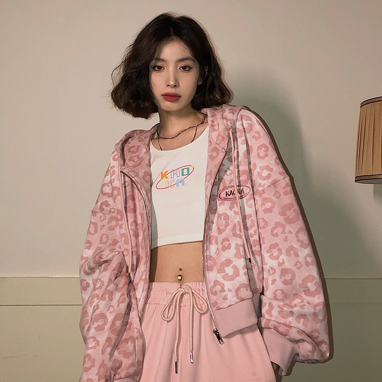 Áo hoodie dáng rộng in hình báo hồng thiết kế mới thời trang dành cho nữ