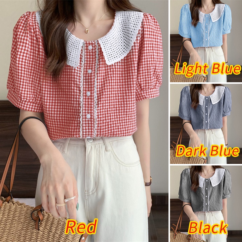 ZANZEA Women Sweet Plaid Doll Collar Stitching Lace Puff Short Sleeve Top