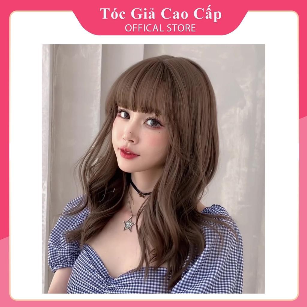 Tóc giả nữ nguyên đầu xoăn dợn kiểu hàn màu nâu lạnh hót, tặng kèm lưới trùm tóc wig, T60F