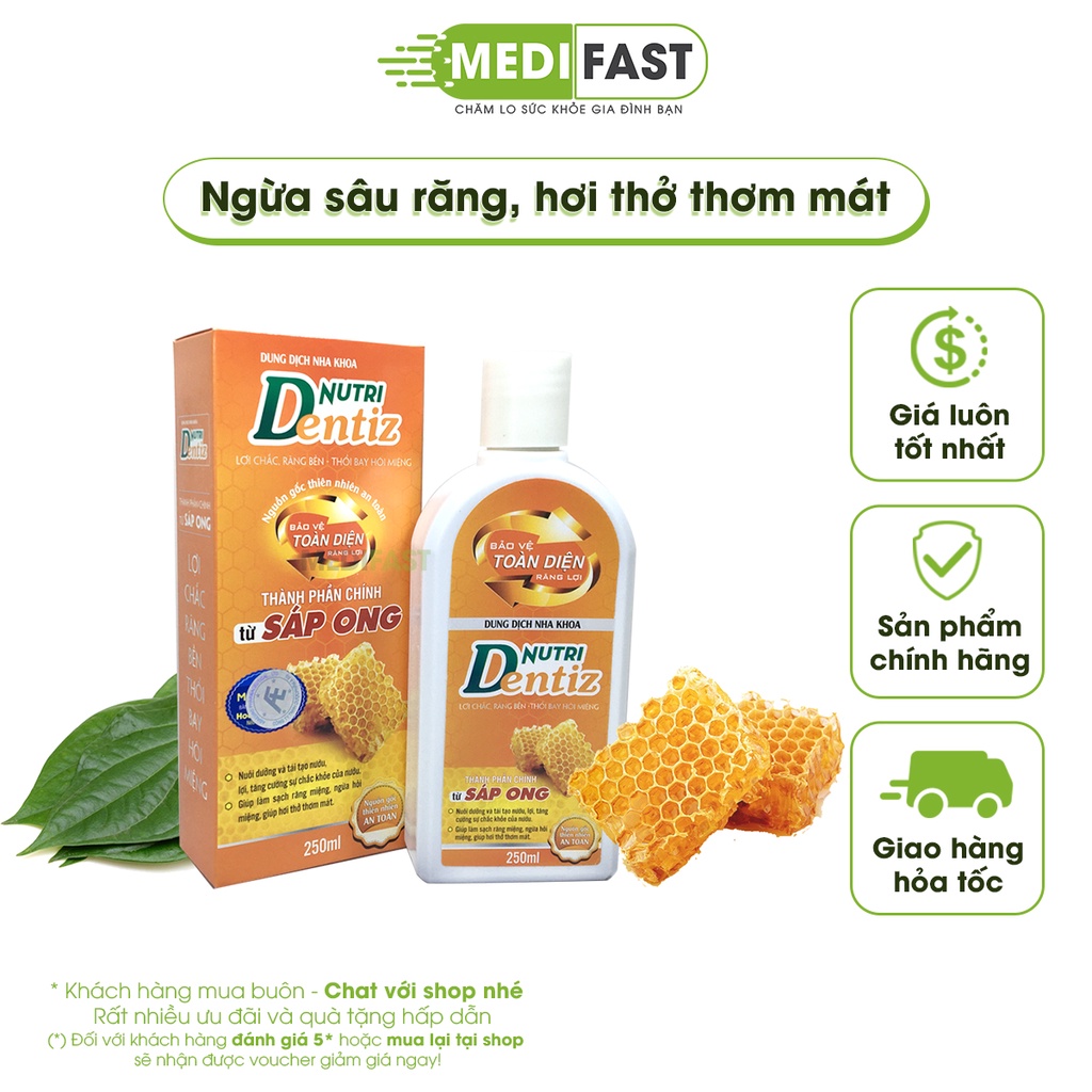 Nước súc miệng Nutri Dentiz từ sáp ong - giảm sâu răng, ngừa hôi miệng, nhiệt miệng - dùng được cho trẻ Chai 250ml
