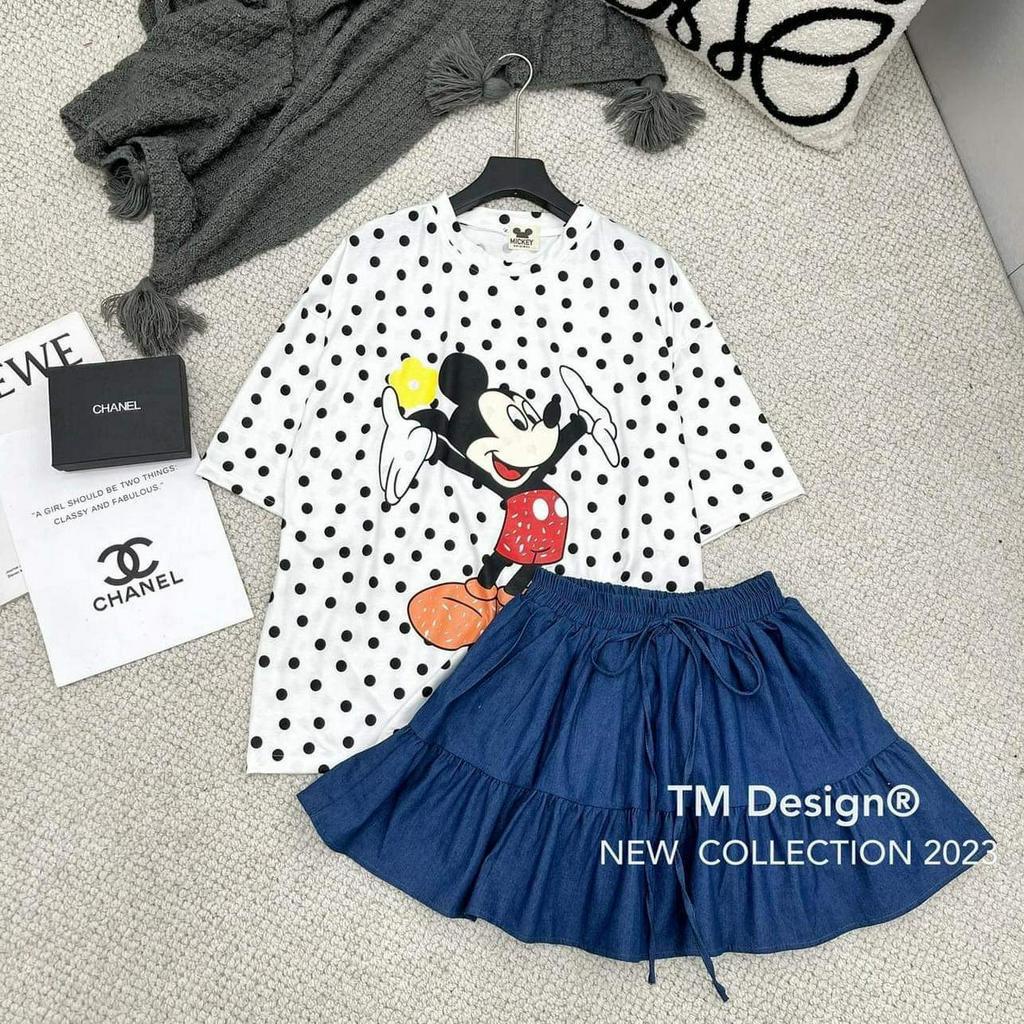 Set Bộ Đồ Nữ Áo Phông Chấm Bi Mickey Mix Chân Váy Bò Giấy Xòe Dáng Ngắn Freesize