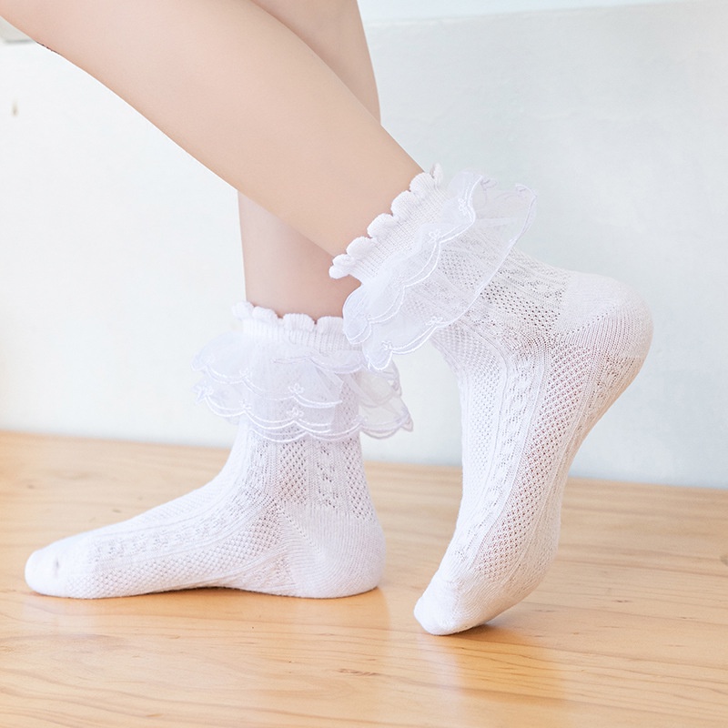 Vớ Vải Cotton Mỏng Phối Ren Thêu Họa Tiết Kiểu Lolita Dễ Thương Cho Bé Gái