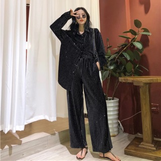 (Od10-12days) Set xinh Quần xuông + áo sơmi kẻ nhũ bạc ❤️❤️❤️