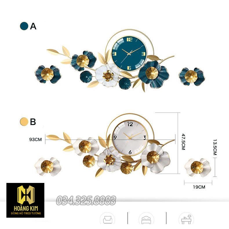 Đồng hồ trang trí Decor đồng hồ treo tường hình cành hoa cách điệu sang trọng size 93x84cm