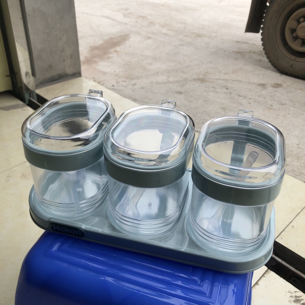 Set 3 hũ đựng gia vị nhà bếp hokori nhựa trong suốt kèm muỗng, hũ gia vị nhựa 2936