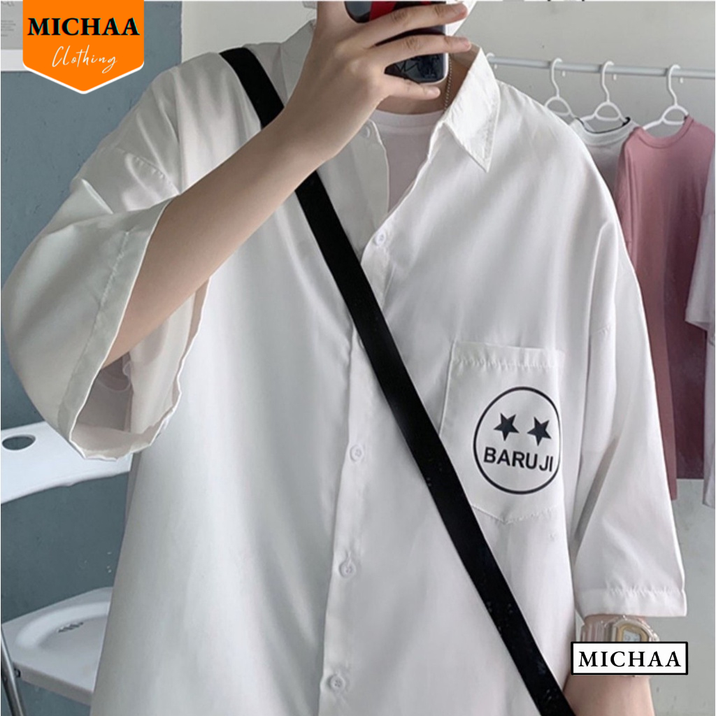 Áo Sơ Mi BARU JI Tay Ngắn Mặt Cười Unisex, Áo Sơ Mi Kaki Tay Lỡ Nam Nữ - MICHAA