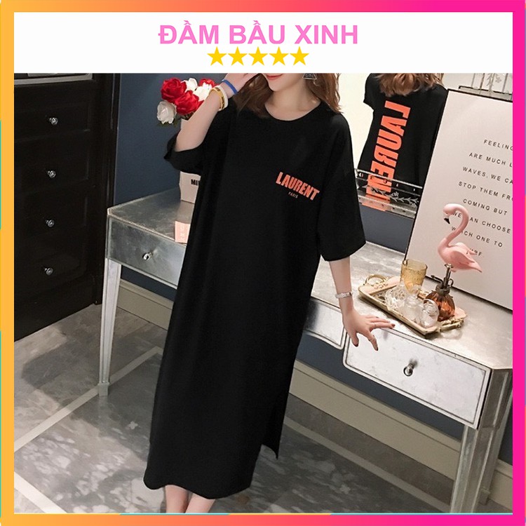 Đầm bầu chất cotton co dãn dáng dài tay lỡ váy dáng suông in họa tiết Lauren