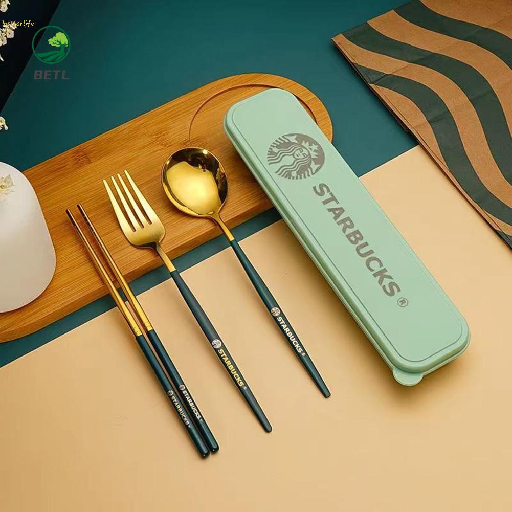 Bộ 1 Muỗng + 1 Nĩa + 1 Đôi Đũa Starbucks Bằng Thép Không Gỉ Dễ Vệ Sinh Cho Nhà Hàng / Khách Sạn / Quán Bar