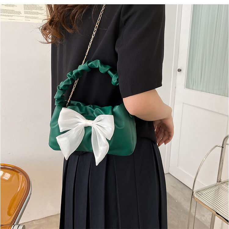 Túi Đeo Vai/Xách Tay Xếp Ly Đính Nơ Thời Trang Kiểu Pháp Cho Nữ