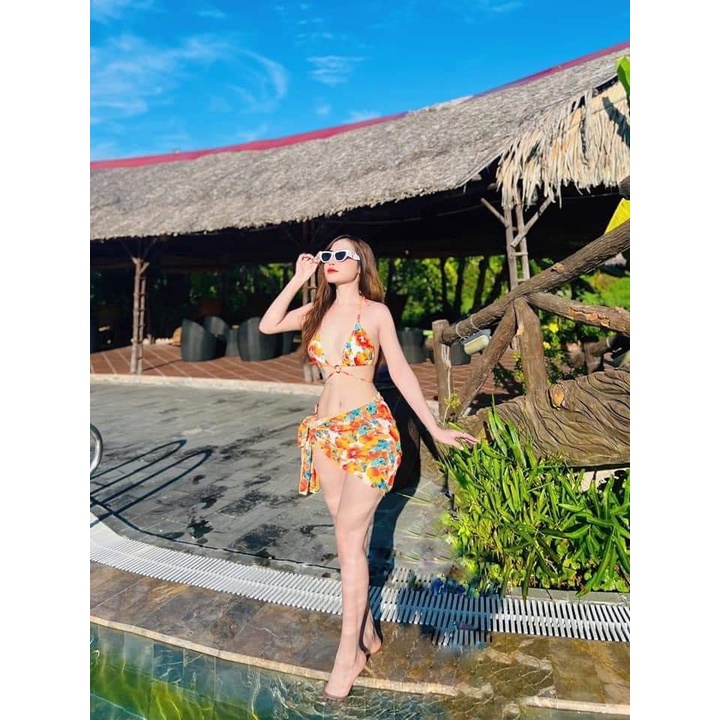 Sét bikini 2 mảnh kèm khăn hoa cam đồ bơi nữ đi biển KONKUN MS112
