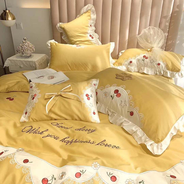 Bộ chăn ga gối drap giường chất vải Lụa 60s họa tiết Cherry vàng