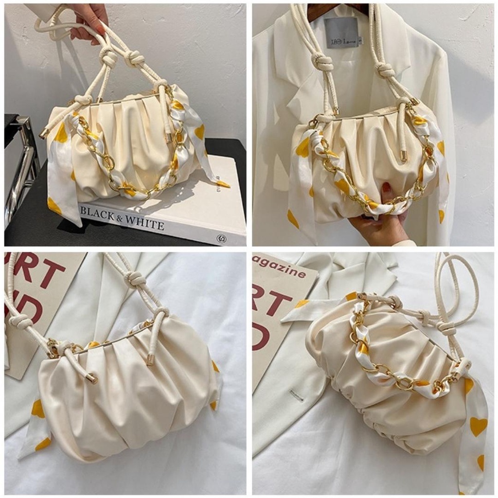 Túi xách nữ đeo chéo da PU xếp ly mix dây xích ruy băng thời trang Hàn Quốc TX4