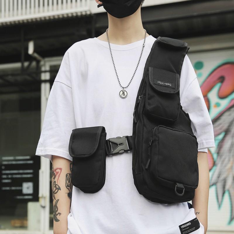 Túi Đeo Trước Ngực Bằng Nylon Màu Đen Phong Cách Hip Hop Đường Phố Cho Nam