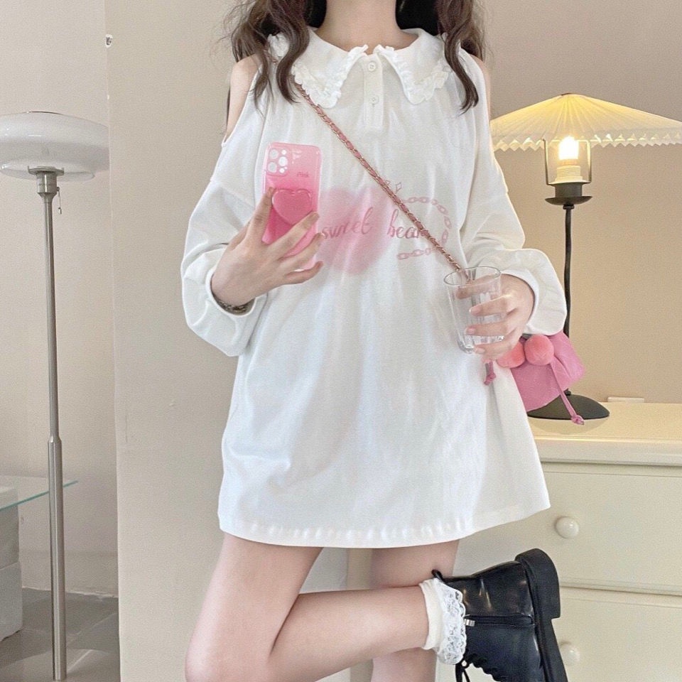 Áo thun Polo JSC tay dài hở vai mềm mại phong cách Nhật Bản thời trang mùa thu dễ phối đồ cho nữ