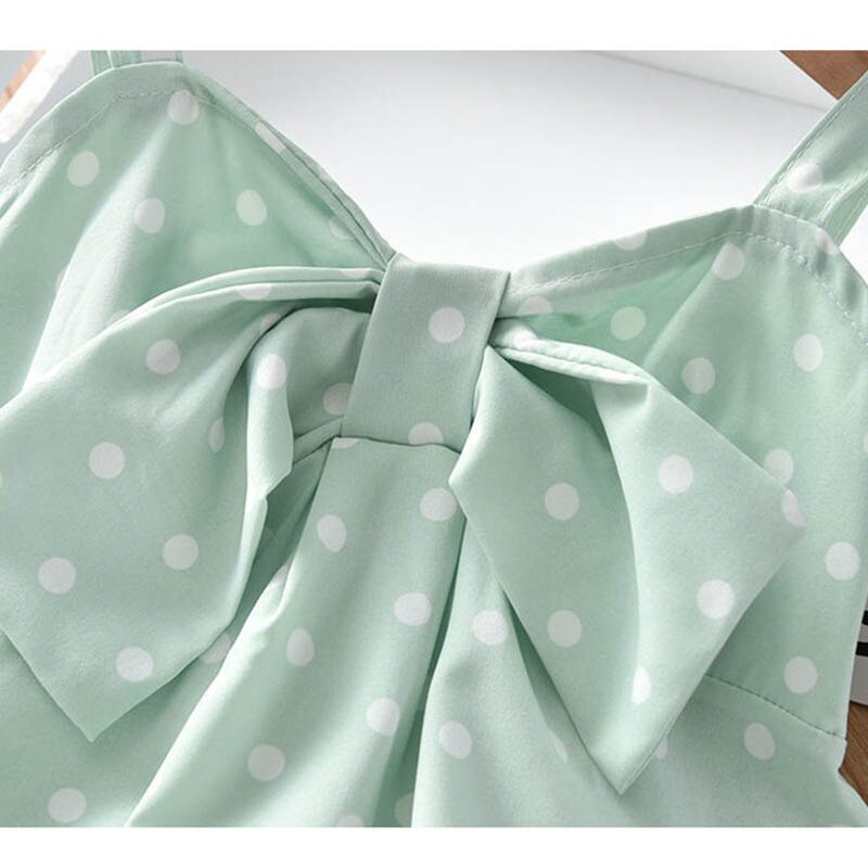 Đầm Mini Không Tay Cổ Chữ V Họa Tiết Chấm Bi Đính Nơ Thời Trang Mùa Hè Cho Bé Gái 2-7 Tuổi