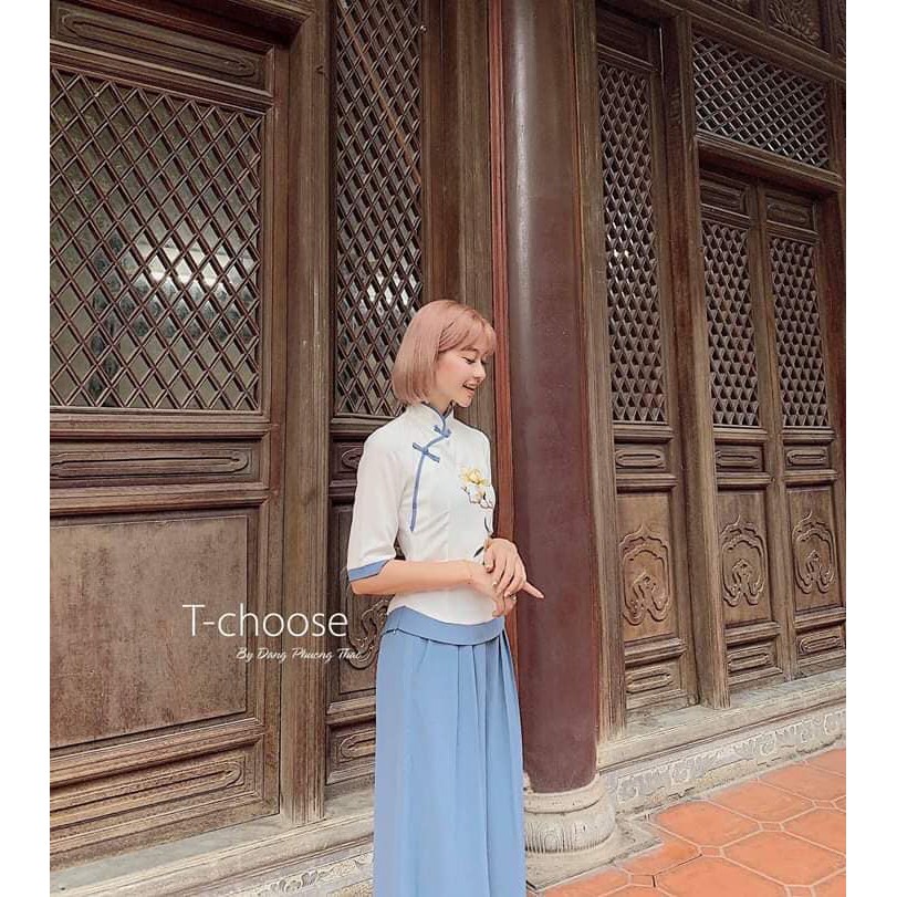 ĐỒ LAM ĐI CHÙA #Mã Freeship Xtra RP028# BỘ CỔ TÀU THÊU HOA ĐI CHÙA trang nhã giản dị kín đáo