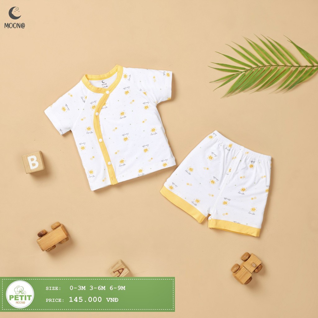 [CHÍNH HÃNG] Bộ cộc tay quần đùi trẻ em cài chéo petit họa tiết kẻ phối hình sinh động Moon