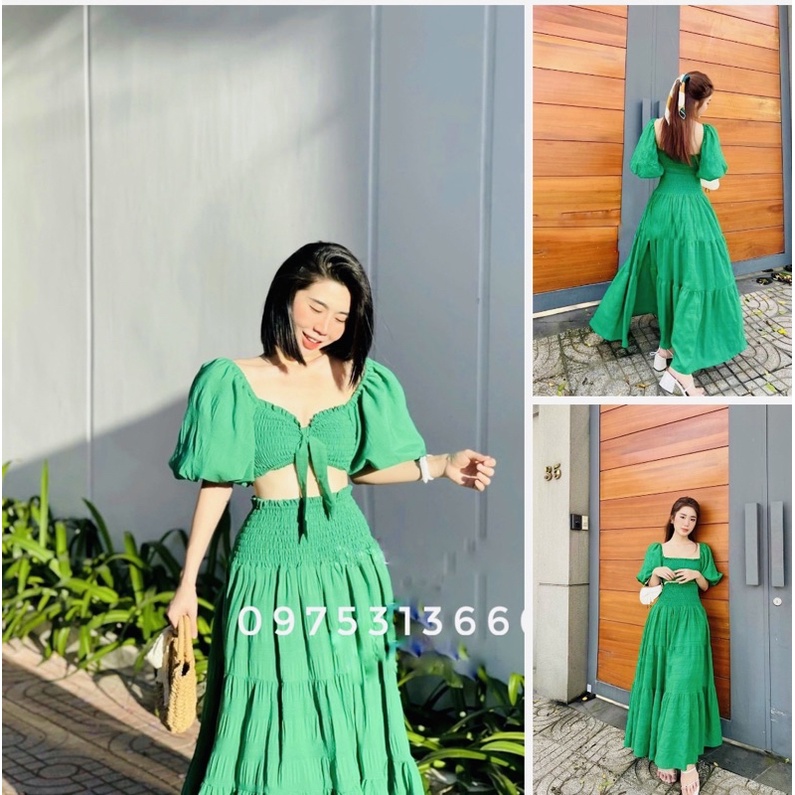 Đầm Maxi Đi Biển, Set 2 Món Đi Biển IVAS19, Chất Xốp, Màu Xanh, Đơn Giản Mà Tinh Tế, Sống Ảo Xinh Ngất Ngây