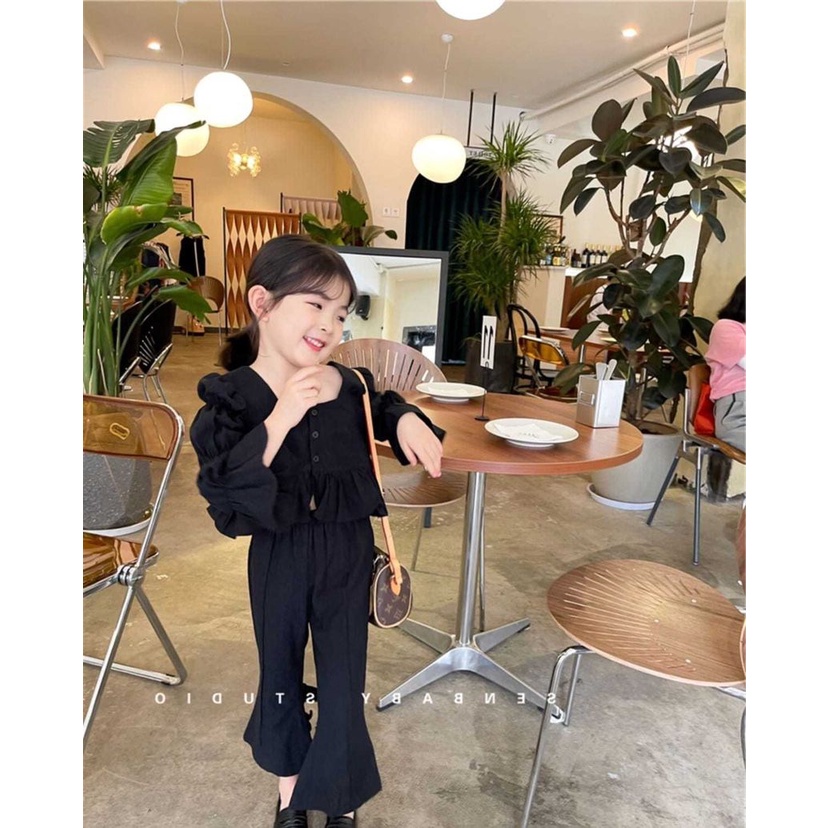 [Babycat] Hàng Có Sẵn Bộ Áo Cổ Vuông + Quần Ống Loe Phong Cách Hàn Quốc Nhật Bản Thời Trang Mùa Thu Tinh Tế Cho Bé Gái