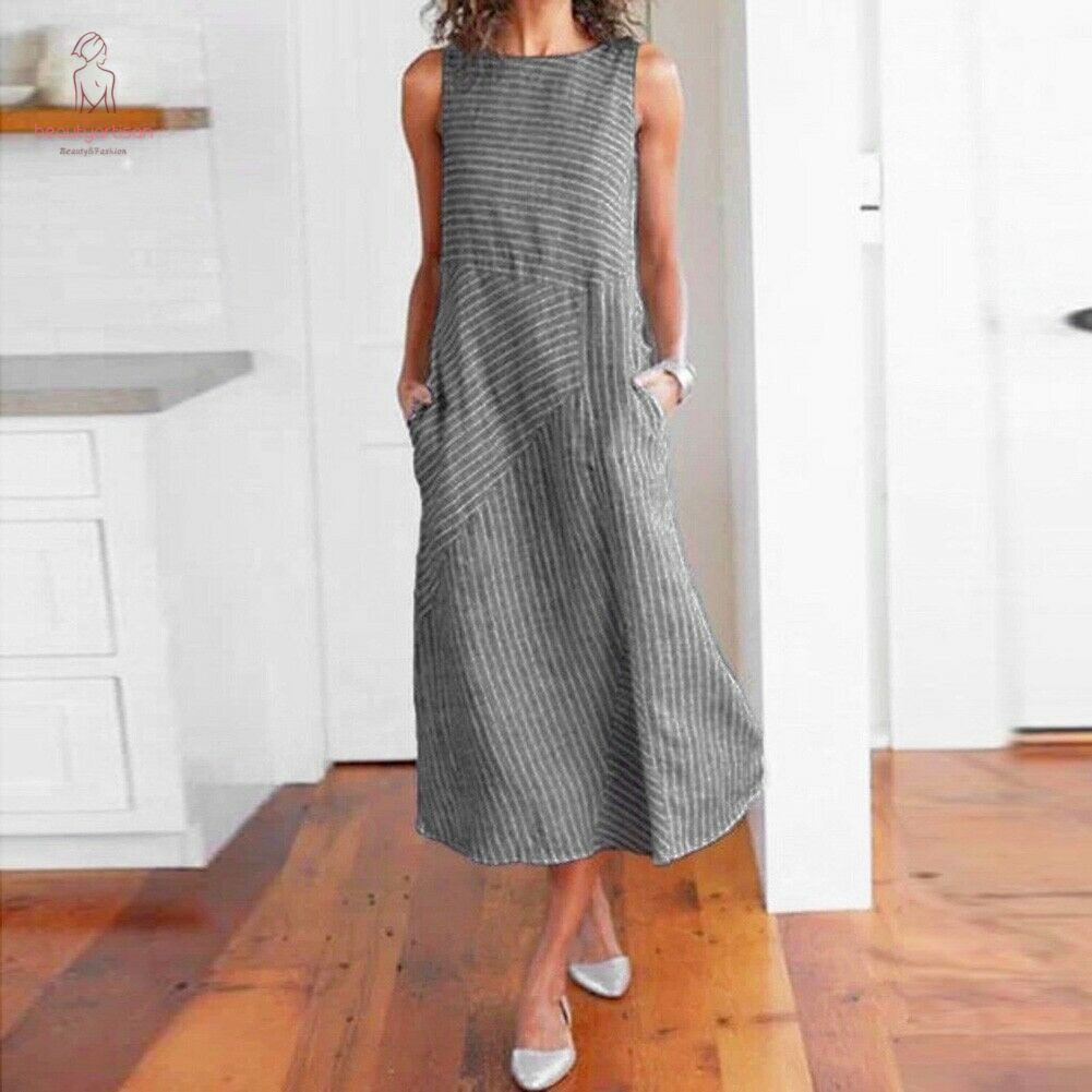 Đầm Maxi Sát Nách Chất Cotton Hoạ Tiết Kẻ Sọc Cho Phái Nữ | BigBuy360 - bigbuy360.vn