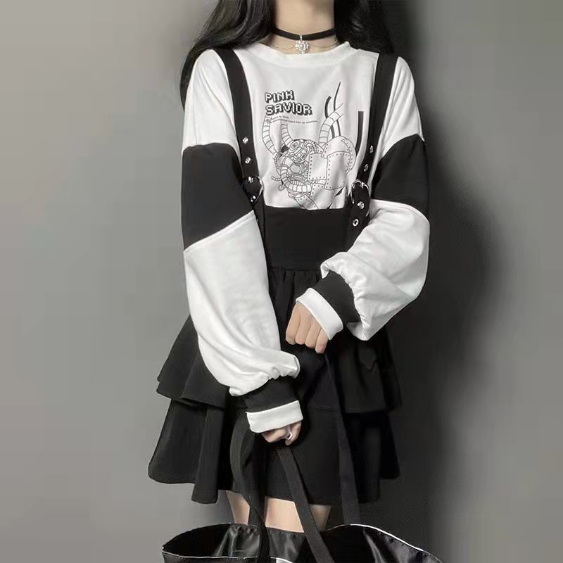 Bộ Áo sweater Màu Hồng Trắng In Hình Trái Tim Cô Gái anime Thiết Kế Đặc Biệt Kèm Váy Dây Đeo Mới Mùa Xuân