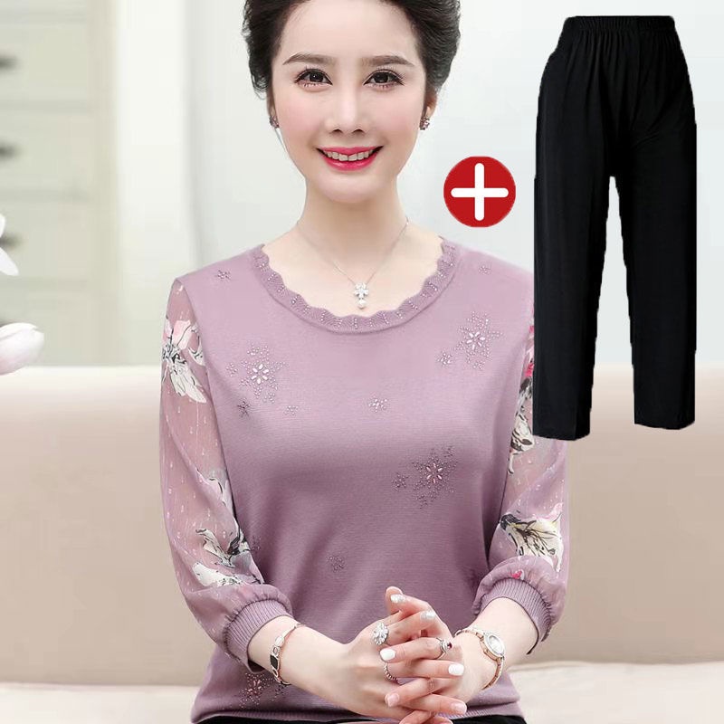 Mẹ mùa xuân áo len dệt kim 40-50 tuổi tay thun phụ nữ trung niên và cao hè hai mảnh hàng đầu