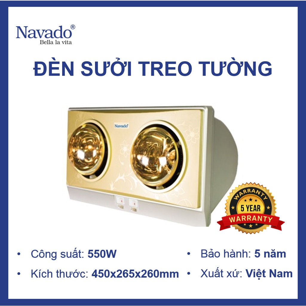 Đèn Sưởi 2 Bóng Treo Tường Nhà Tắm Navado | Bảo Hành Chính Hãng