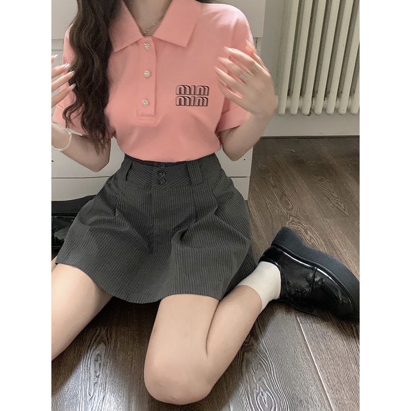 Set Áo Thun Cổ Polo Ngắn Tay Và Chân Váy Chữ a Hai Lớp Lưng Cao Thời Trang Nữ Tính