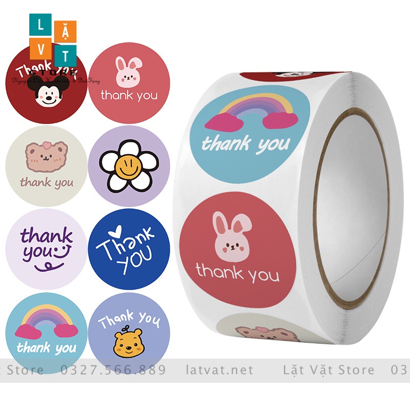 Tem tròn decal hoạt hình ngộ nghĩnh vui nhộn gián sản phẩm trang trí, tri ân cảm ơn khách hàng, thank you