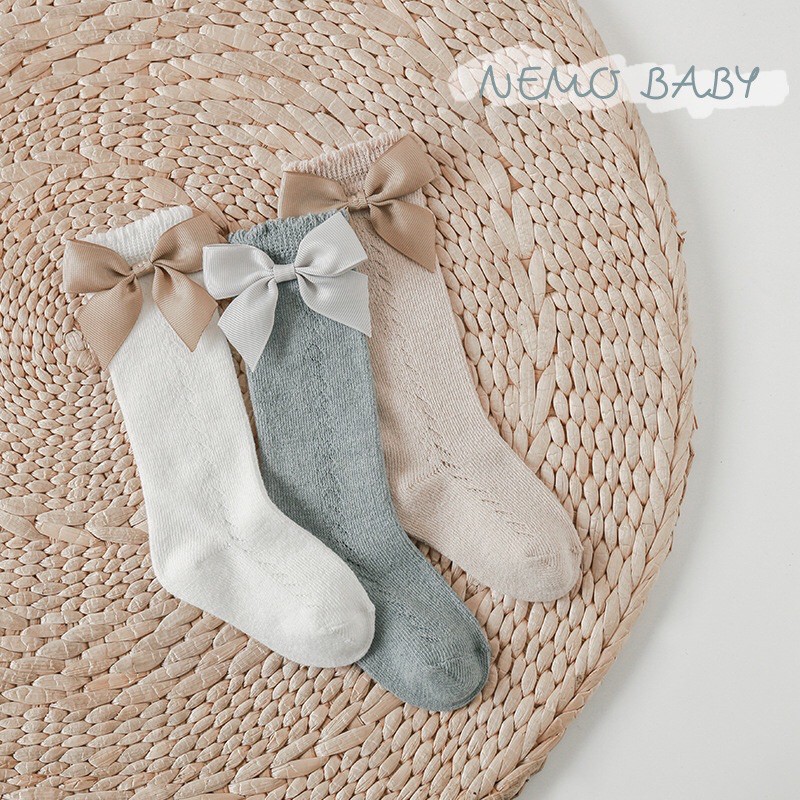 Tất đùi ngang gối cho bé gái chất liệu cotton pha ren đính nơ thời trang sành điệu